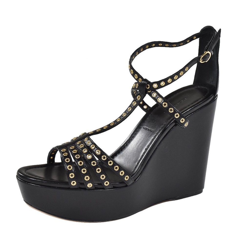 Moncler Black Leather Quiberon Platform Wedge New